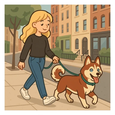 Cute Blonde woman wearing a black sweater and jeans and white sneakers walking a happy red-brown blue-eyed Siberian husky in New York City on an upper east side city sidewalk, flat toon style  sticker