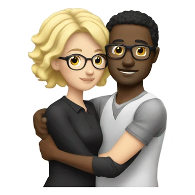 Blonde woman hugging black man with black hair wearing glasses sticker