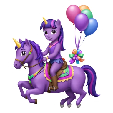 twillight sparkle mlp holding colorful balloons tied to its saddle, looking cheerful. sticker