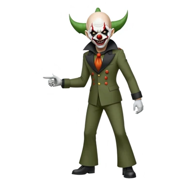 evil clown, bald, short black devil horns on forehead, fangs, pointed ears, black and military green leisure suit with bellbottom pants, realistically proportioned, less bulky, full body, battle-ready, fighting posture sticker