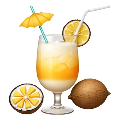 A beautiful cocktail with a creamy white to orange gradient, containing coconut juice and mango, reminiscent of summer. Above, there are tropical flowers, lemon slices, and straws. sticker