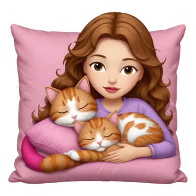 girl with long wavy brown hair, brown eyes, long lashes makeup, sexy pink lips, light to medium complexion,  sleeping on a cozy pillow, with 6 cats: 1 brown tabby cat, 1 ginger and white cat, 2 grey and white cats, 1 grey with white mittens and small white patch on chest cat and 1 calico cat sticker