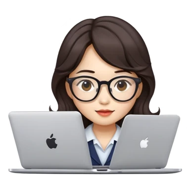 can u make emoji like apple style of chinese girl with korean wavy hair dark brown with glasses that doing a work in her laptop sticker
