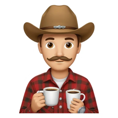 generate an ios genmoji of a 20 year old tan boy with a cowboy hat and horseshoe mustche. Wearing a flannel and carrying a coffee mug sticker