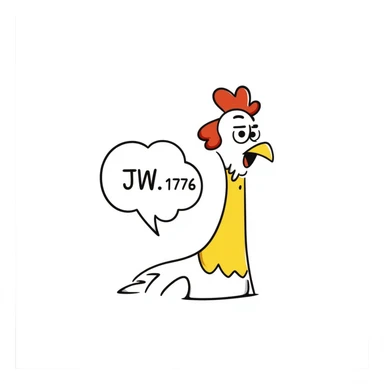 shouting yellow long neck chicken with a funny expression, 'JW 1776' in a speech bubble sticker