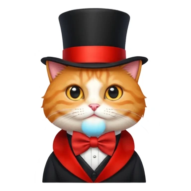 Cute emoji-style orange tabby cat wearing a black top hat with a red band and a red bow tie, big round eyes, fluffy fur, clean mascot style, centered, transparent background, 1:1 ratio. sticker