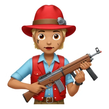 Yodeling mountain climber in Switzerland with a machine gun pointing to the right, full body. in the style of your bleeding skull art make him look like the price is right game sticker