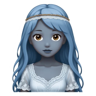 Beautiful shiny pastel transparent translucent Gorgeous spectral dark greyish-blue whitish gloomy spectral Anime Poltergeist Lady with long hair with a beautiful white silky lace dress with a silky lace head band sticker