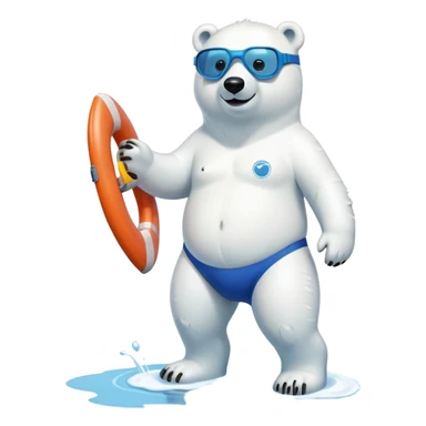 full body friendly anthropomorphised polar bear wearing swim suit with board shorts below the knee and scuba goggles, holding a life buoy, standing in a puddle sticker