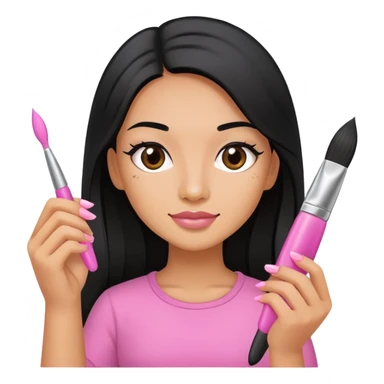 Pink Nail Tech with black long hair holding small acrylic brush sticker