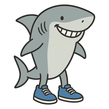 smiling shark with blue sneakers, simple background sticker
