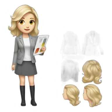 pale skin woman with cold blonde straight middle length hair, White blouse, Gray oversize jacket, Gray skirt holding a color palette in the hands sticker