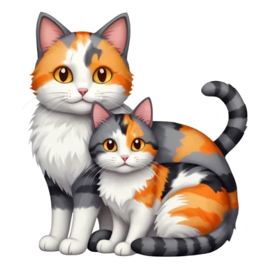full body dark grey and white cat cuddling a colourful light patched calico + white tabby cat  sticker