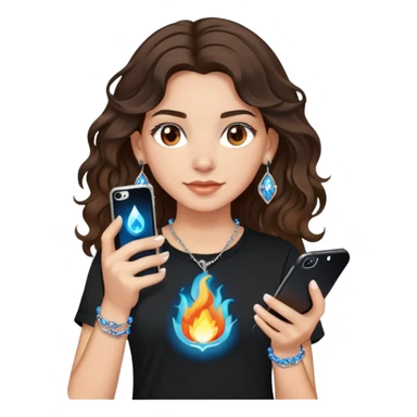 brunette girl with wavy medium length hair, brown eyes, light/medium skin tone, holding iPhone and light phone, wearing black tee shirt with flame pattern on it, small silver hoop earrings with blue gem stars, and colorful beaded charm necklace sticker