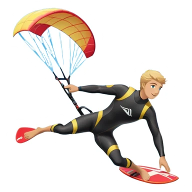 An athlete in a wetsuit, gliding above the waves on a kiteboard, holding onto a paraglider in the sky. The backdrop features a vibrant blue sky and rolling ocean waves, capturing the thrill and skill of the sport with a sense of freedom and adventure. sticker