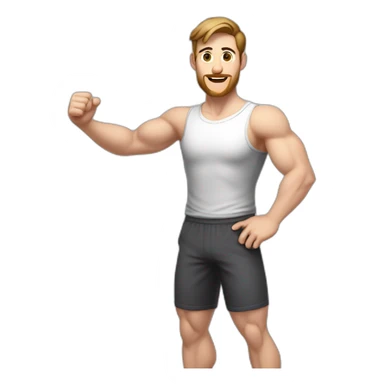 Full height Actively gesturing with hands Pale skinned Fit Man With the biceps and brown hair in dark gray Sleeveless Mike, black oversize sports shorts, watch and white Sneakers sticker