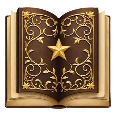 An open, ornately decorated book rendered in a highly detailed. The book's cover, framed with a broad, golden border, is a rich, dark brown, embellished with intricate golden filigree designs, including scrolling vines and decorative stars. sticker