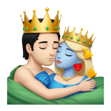 Blonde Queen with crown, Green eyes, naked, kissing man, naked, no crown, black hair, blue eyes, whole Body, Background sleeping room  sticker
