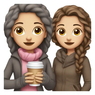 Girl with brown hair with dark gray highlights, fair skin, long beautiful hair, soft pink lips, brown eyes, drinking coffee and wearing winter clothes eting cake , white girl sticker