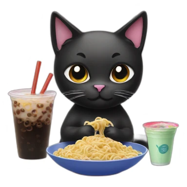 black cat eating noodles next to bubble tea sticker
