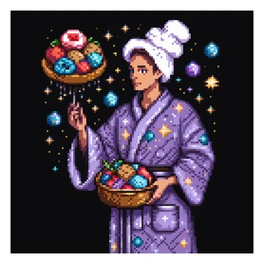 Portrait of a surreal baker floating among stars, wearing a galaxy-patterned robe, holding stardust ingredients, skeuomorphism style sticker