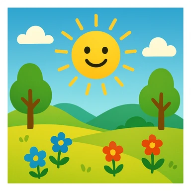 sunny landscape scene, bright and cheerful, colorful, simple shapes, emoji style inspiration sticker