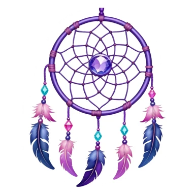 Iridescent shiny transparent pastel purple-pink-indigo-violet crescent-moon-Dreamcatcher hanging from a thread, with gemstones, and beads sticker
