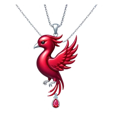 phoenix-inspired ruby pendant with cosmic aura, deep red glow, silver chain undulating like water sticker