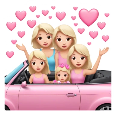 A mom, two daughters, and one son driving in pink convertible with hearts blowing behind sticker