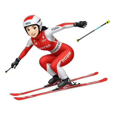 Ski racer downhill squat woman red white dress Austria lettering black hair smile sticker