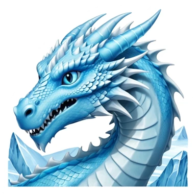 Cinematic Noble wise elegant Ice Dragon Portrait Emoji, Poised and imposing, distinct long elegant snout, with a slender, scaled body shimmering in glacial hues of icy blue, frostbitten silver, and crystalline white, breathing out frost, with piercing, glowing ice blue white eyes that radiate the chilling depths of an arctic storm; rendered in detail. excuding wisdom sticker