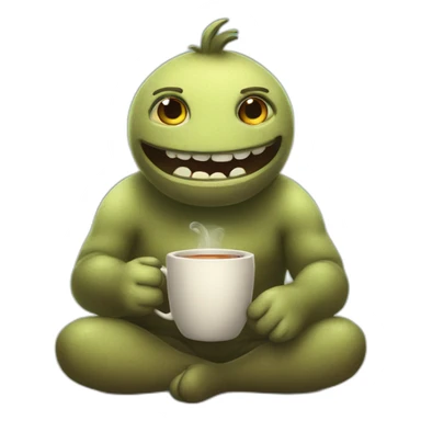 A cartoony creature sitting on floor with a cup of tea motioning  and beckoning the viewer to sit next to him sticker