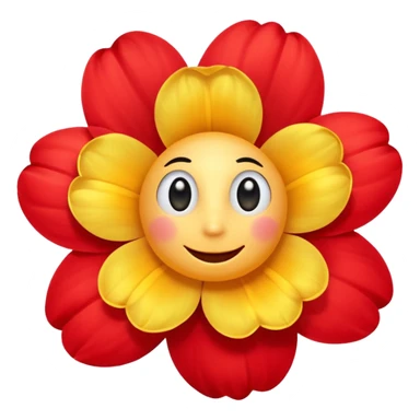 A flower with round yellow face with soft gradients, large glossy black cartoon eyes, and a simple curved smile. Surrounding bright red inflated petals with smooth shading and soft reflections. sticker