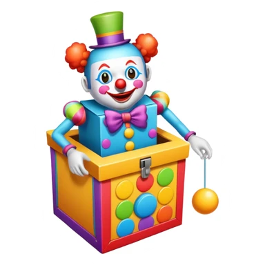 A "jack-in-the-box" is a children's toy consisting of a colorful box from which a clown with a spring for a body jumps out of the colorful box after spining the crank sticker