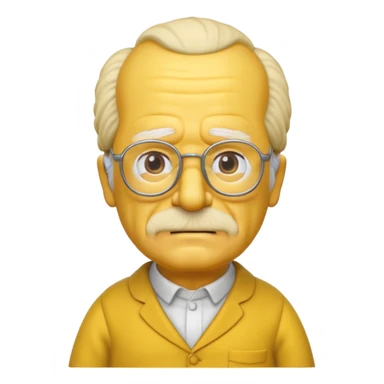 A 3D cartoon close-up of Grandpa Abe Simpson from The Simpsons, rendered in Memoji-style with bald yellow head, white tufts of hair on the sides, wrinkled face, glasses, and warm lighting. Match the Simpsons family color tone and style, yellow dress. sticker