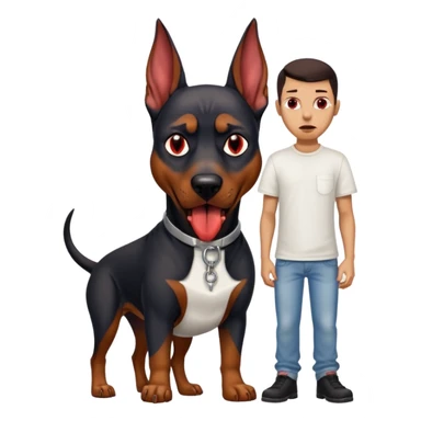 Generate a emoji of a big evil doberman dog with red eyes and a tongue sticking out, give the doberman a human body with a white shirt and baggy jeans sticker