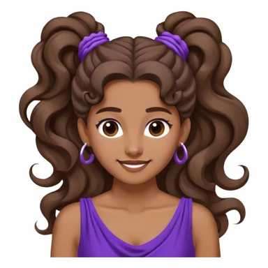 Young woman with long brown hair tied in a high voluminous ponytail, with a single curl falling over her forehead. Her hair is wavy at the ends. She wears a flowing purple dress inspired by ancient Greece and has a mischievous smile sticker