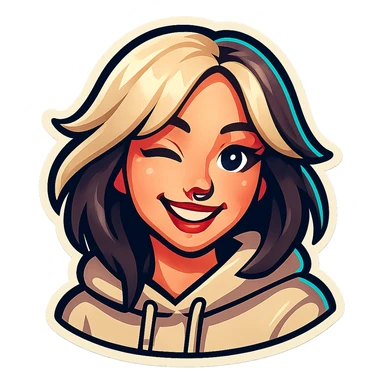Create a character in the style of classic Telegram stickers: an alt girl as in the reference, smiling and winking, with clean outlines and bright colors, no background. sticker