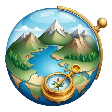 An icon featuring a globe, a compass, and a topographic map, symbolizing geography. The design includes mountain ranges, rivers, and a magnifying glass, representing the study of Earth's landscapes, features, and spatial relationships. Transparent background highlights geographic exploration. sticker