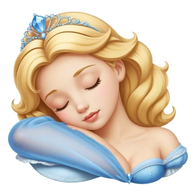 Cinematic Realistic Sleeping Cinderella Portrait, portrayed with exceptional realism: her luminous porcelain skin and exquisitely detailed golden-blonde hair lie softly under the gentle caress of natural light. Her eyes are peacefully closed in a serene, dreamlike slumber, and every fold and shimmer of her iconic ball gown is rendered with painstaking detail. The overall composition radiates a quiet, enchanting glow that encapsulates the timeless, restful beauty of a princess lost in a gentle, magical dream. sticker