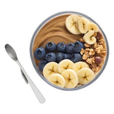 Açai bowl in a clear cup with layers of peanut butter, cashew nuts, granola, condensed milk and banana sliced and blueberrys on top sticker