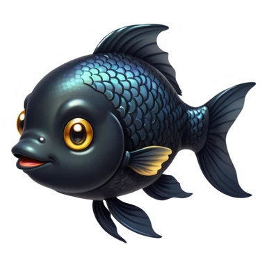 Cinematic Cute Black Goldfish Portrait Emoji, Head tilted playfully and inquisitively, featuring a glossy, deep black body with shimmering scales and round, sparkling golden eyes filled with curiosity, Simplified yet irresistibly adorable features, highly detailed, glowing with a warm, friendly glow, high shine, affectionate and lively, stylized with a touch of whimsy, bright and endearing, soft glowing outline, capturing the essence of a mischievous yet loving goldfish, so playful it feels like it could swim out of the screen and into your heart! sticker