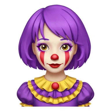 Clown girl with the human style. Has a purple wig, simple makeup, and a yellow dress sticker