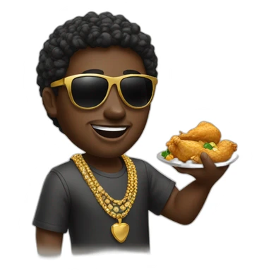 A black man waving with gold jewelry and sunglasses while eating chicken sticker