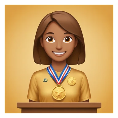 woman standing in a podium first place sticker