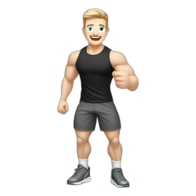 Joyful Celebrating victory Pale skinned Fit Man With the biceps and dark brown hair in black shirt, gray sports shorts and white Sneakers sticker