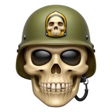A bold emoji-style skull wearing a realistic army helmet,shushing . Clean vector style, high contrast, centered composition, modern emoji aesthetic, detailed helmet texture, confident and intense expression, 3D glossy finish, high resolution , no body , finger shuting is mouth sticker
