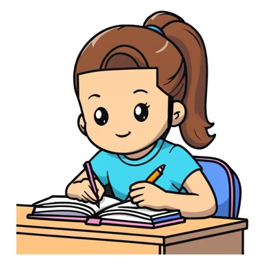 Girl with ponytail reading a notebook while sitting at desk sticker