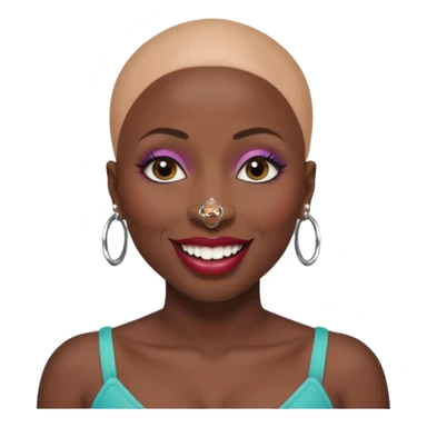Grown black (proud) woman, bald with a perfect head, a prominent nose with a septum piercing, many piercings on her ears, a gap between her front teeth and very long nails (cynthia erivo) a proud lesbian, with long lashes and glam makeup sticker