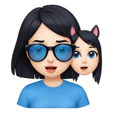 A girl with black bob hair with pony, wearing black sunglasses，funny(0.5) face (0.5)，wacky expression, a blue t-shirt. lovely. cute sticker
